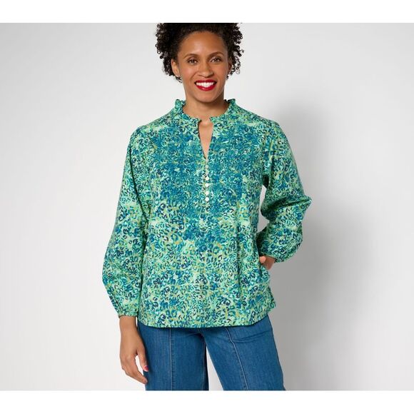 Gymwrap Tops - Gymwrap Women's Top Sz XS Animal Print Embroidered Cotton Blouse Green A683854